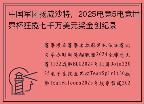 中国军团扬威沙特，2025电竞5电竞世界杯狂揽七千万美元奖金创纪录